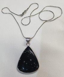 Sterling Silver Plated 18' Necklace With A Large 1 1/2' X 1 1/4' Black Snowflake Obsidian Pendant