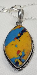 Sterling Silver Plated 18' Necklace With A Large 1 1/2' X 1 ' Mosaic Jasper Pendant
