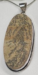 Sterling Silver Plated 18' Necklace With A Huge 2 1/4 ' X 1 1/8' Psilomelane Dendritic Fossil Pendant