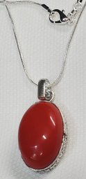 Sterling Silver Plated 18' Necklace With A 1' X 5/8' Red Coral Pendant