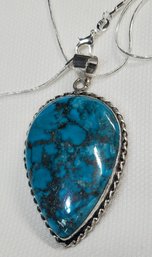 Sterling Silver Plated 18' Necklace With A Huge 1 7/8 ' X 1 1/4' Turquoise Pendant