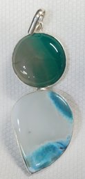 Silver Plated Double Pendant Only ~ Green Banded Agate And Larimar Stones ~ 2' Total Length