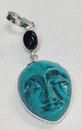 Sterling Silver Plated Double Pendant ~ Carved Face Spider Web Turquoise & Black Onyx ~ 1 1/2'  Total Length