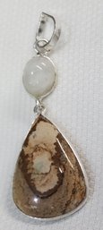 Silver Plated Double Pendant With A Beautiful Picture Jasper & Moonstone ~ 1 1/2' Total Length