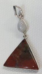 Silver Plated Double Pendant Triangle Cut Bloodstone Jasper & Moonstone ~ 1 1/2' Total Length