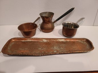Three Vintage Copper Pots And Copper Tray