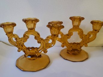 Pair Of Vintage Amber Colored Glass Three Candle Candelabra