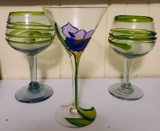 Handpainted Iris Martini Glass By Magelean And Pair Of Hand-blown Heavy Glass Mexican Margarita Glasses