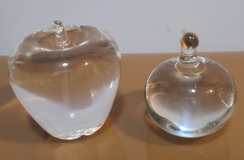 Large Steuben Crystal Apple Paperweight And Smaller GlassApple Unsigned