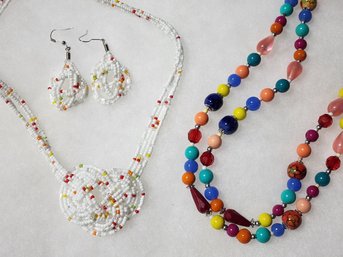 Indian Style White Beaded Necklace & Multi-Color Beads (2)