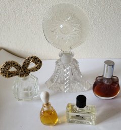 Two Vintage Crystal Perfume Bottles And Three Perfumes