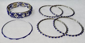 Costume Bracelet Lot - Silvertone And Blue Bead Bangles (6)