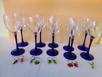 Ten Cobalt Blue Wine Glasses Laired With Fish Themed Wine Charms (9)