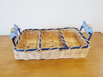 Cute Woven Wicker Sectioned Basket With Painted Pottery Fish Handles