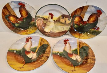 Four David Carter Brown Rooster Plates Plus Rooster Plate By Block / Gear
