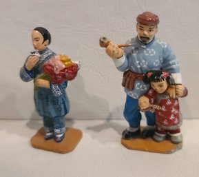 Two Asian Miniature Metal Man With Child And Man With Flowers Figurines