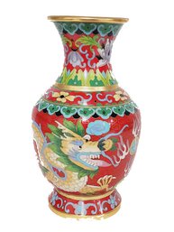 Vintage Asian Copper Cloisonn Hand Painted Dragon & Bird Flower Vase