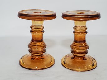 Pair Of Vintage Amber Glass Taper Candle Stick Holders