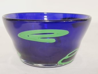 Hand Blown Cobalt Blue & Green Trailed Small Bowl