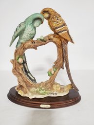 Vintage E.S. Toti Budgie Parrots Resin Sculpture On Wood Base