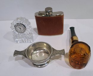 Crystal Waterford Clock Paired With Corncob Pipe, Flask And Celtic Pewter Quaich