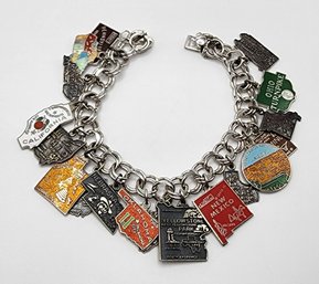 Heavy Vintage Sterling Silver Charm Bracelet With 18 State Charms