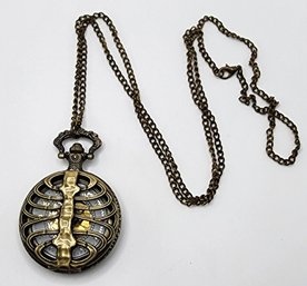 Vintage Ribcage Pocket Watch With Chain In Antiqued Brass