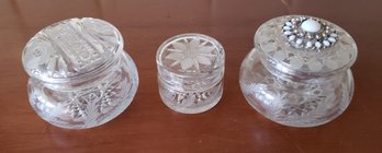 Two Vintage Crystal Hair Receivers And Crystal Trinket Box