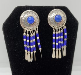 Sterling Silver Southwest Style Lazuli And Beaded Earrings ~ 5.29 Grams