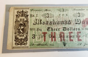 Rare.....1864 Worcester Merchants Bank Three Dollar Bank Note (civil War)attached On Blue Paper