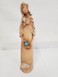 Handmade Pottery Girl With Bluebird In Nest Tall Figurine