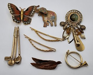 6 Vintage Assorted Brooches & 2 Hair Clips