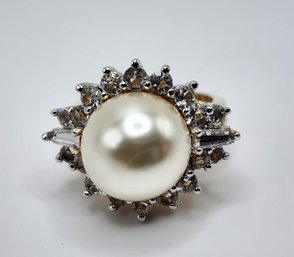 Vintage Faux Pearl & Crystal Ring Marked 14k GE ESPO