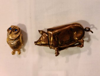 Miniature Antique Brass Pig And An Owl Went For A Walk