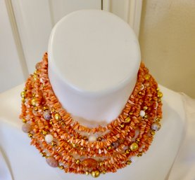 Spectacular Genuinr Peach Coral Multistrand Necklace With Semi Precious Beads