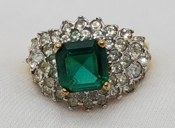 Size 8 Ring 18K HGE With Green Stone Surrounded By CZ's ~ 8.12 Grams