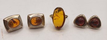 Two Pairs Of Sterling Silver Amber Earrings Paired With Sterling Amber Ring