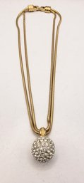 Gold Tone Double Rope Strand Necklace With Dazzling Rhinestone Ball - Nicely Made!!