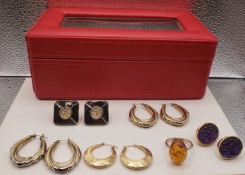 Red Leather Jewelry Box (Never Used) With A Variety Of Costume Earrings Plus Amber Ring