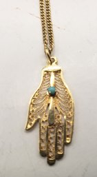Gold Filled Hamsa With Turquoise Stone Pendant On Chain
