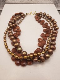 Copper Biwa Pearls And Goldstone Beads Multistrand Necklace