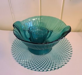 Modern Teal Colored Glass Platter And Vintage Footed Bowl And Cup