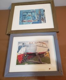 Two Acrylic? Paintings Of A Boat And Door