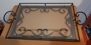 Wrought Iron And Glass Serving Tray With Handles