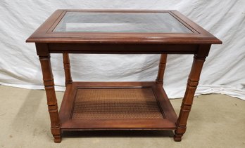 Vintage MCM Faux Rattan Wood Glass Top End Table