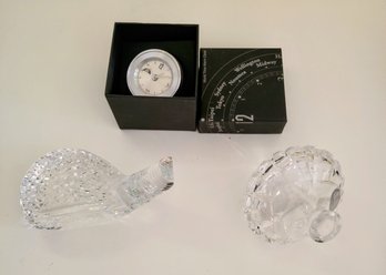 World Alarm Clock Paired With Crystal Paperweights.