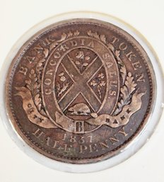 Wow...1837 Province Of Canada Canadian Quebec Bank Half Penny Copper Token