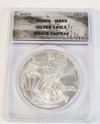 2005 Silver Eagle ANECS MS69 Graded Slab In Portable Black Display Case