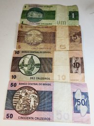 Vintage Brazilian Paper Money Foreign 4 Bill Lot (1 To 50)