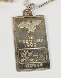 Vintage .999 Pure Silver Pendant Ingot With Sterling Silver Chain